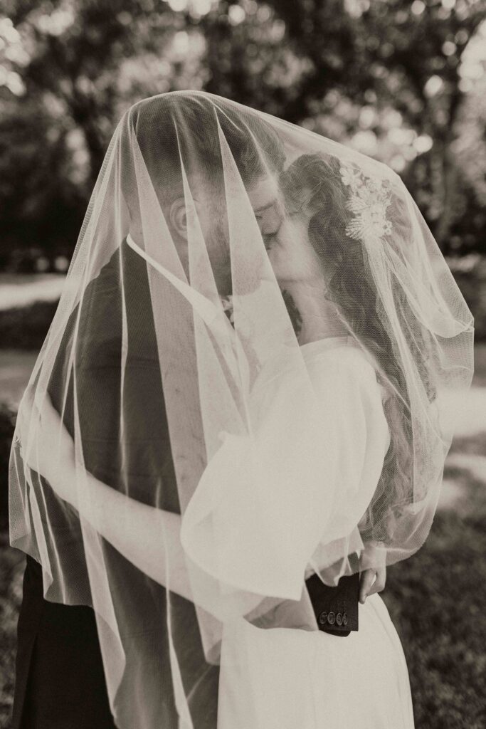 Newlywed photos under the veil.