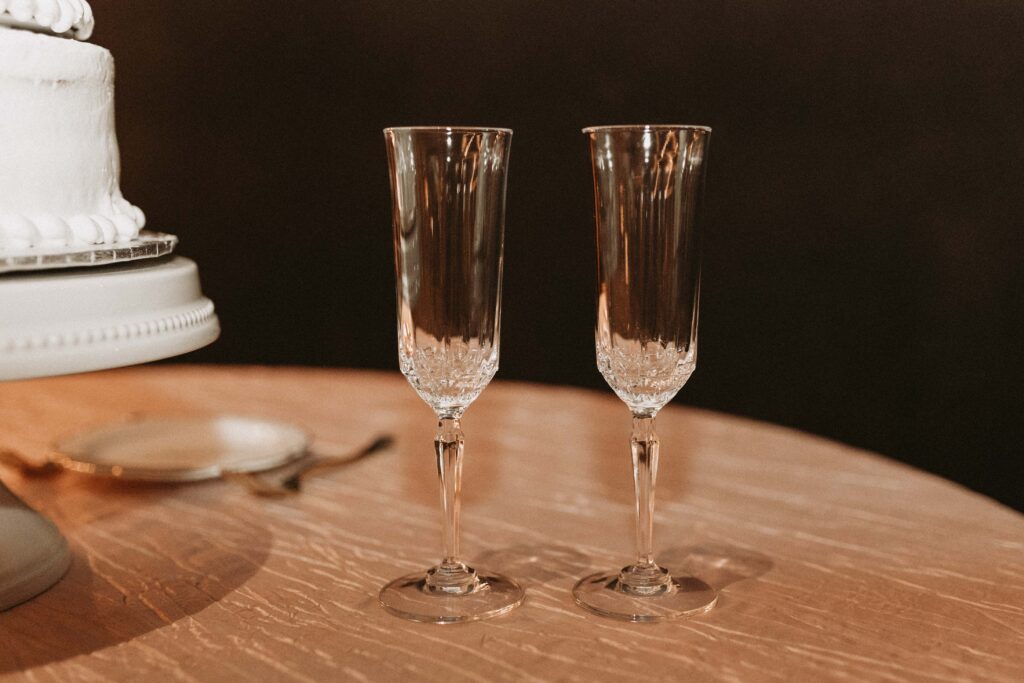 Classy champagne toast glasses at the wedding reception.