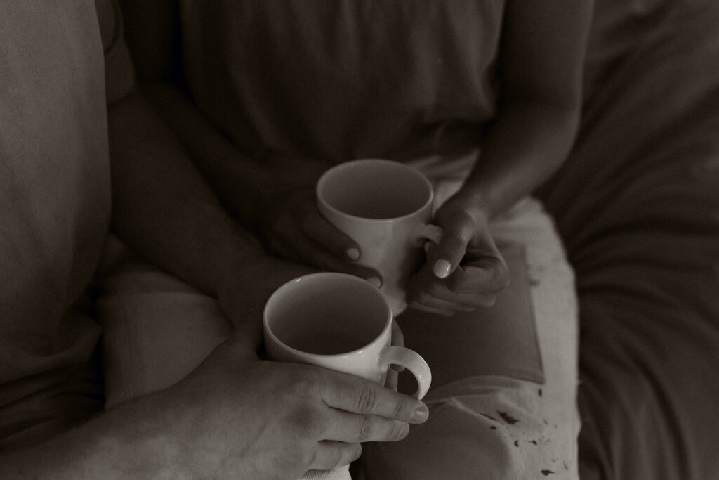 Bride and groom spend the morning sipping coffee before they elope in Southern Oregon.