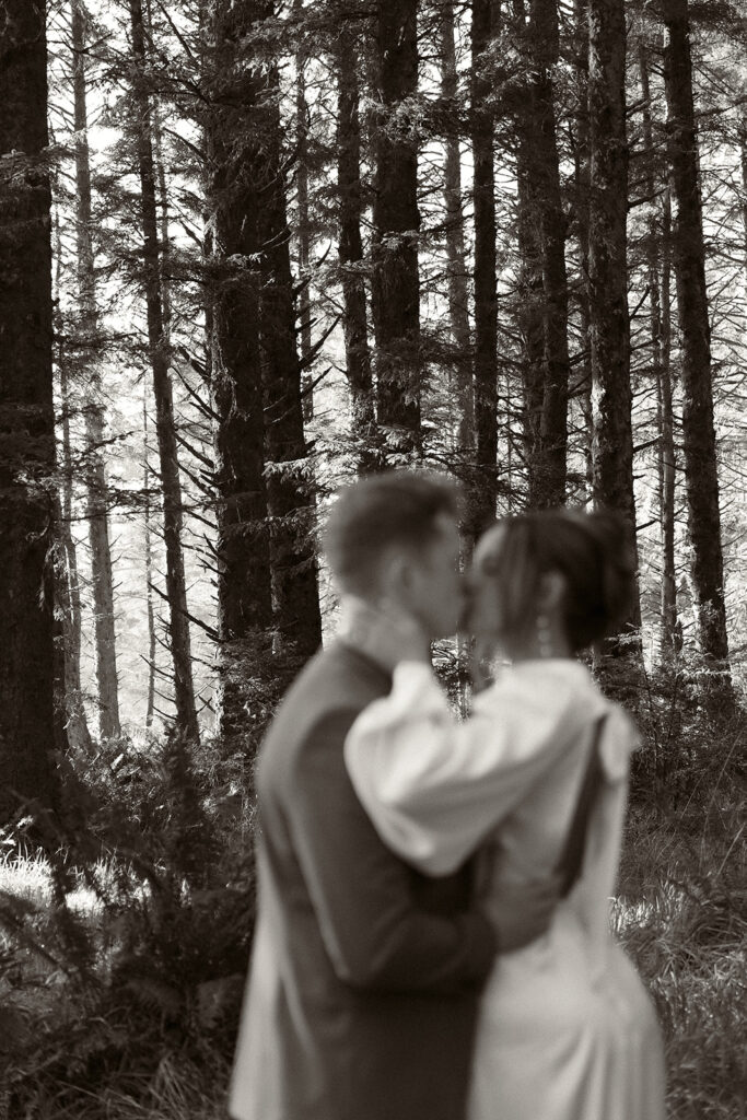 Bride and groom portraits among towering trees during their dreamy Crook Point elopement in Oregon.