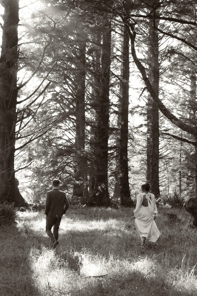 Bride and groom portraits among towering trees during their dreamy Crook Point elopement in Oregon.
