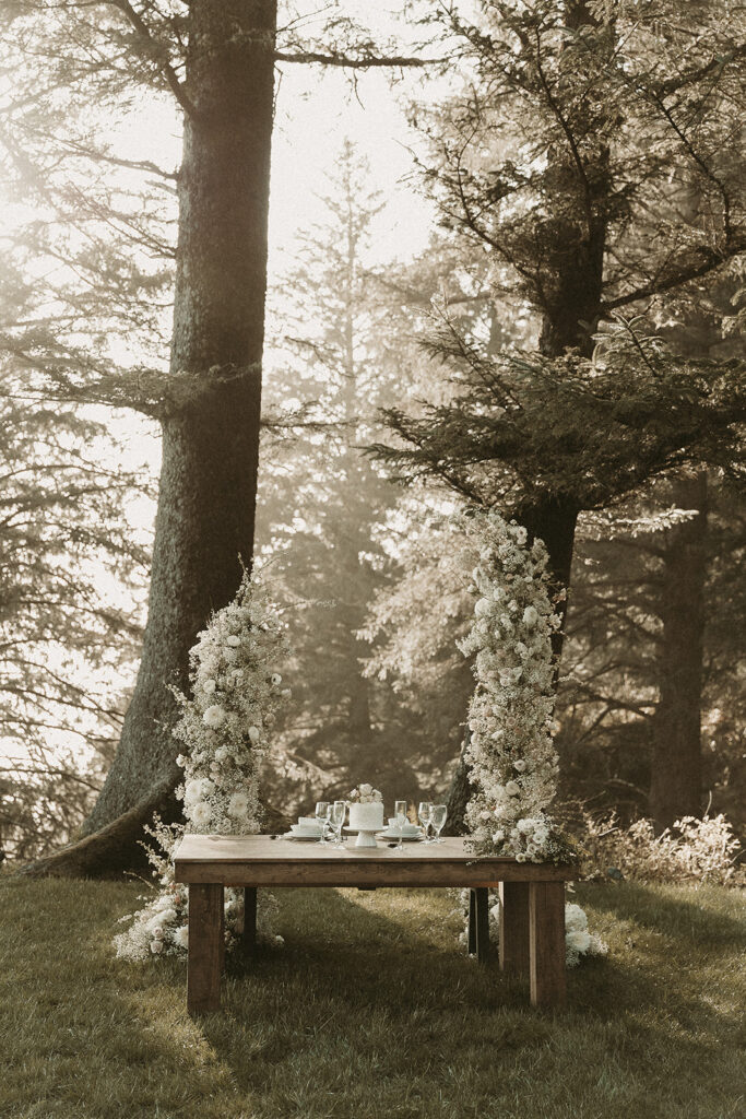 Dinner table with a white cake and dreamy flower arch backdrop for a dreamy Crook Point elopement in Oregon.